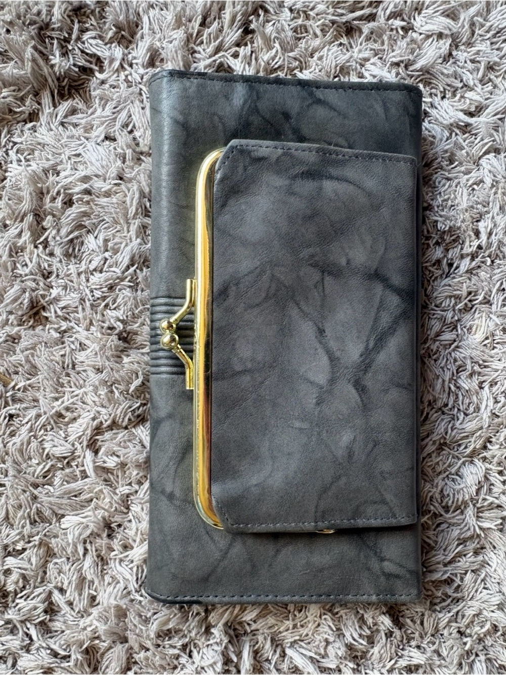Buxton Gray Leather Wallet with Gold Kiss-Lock Accent
